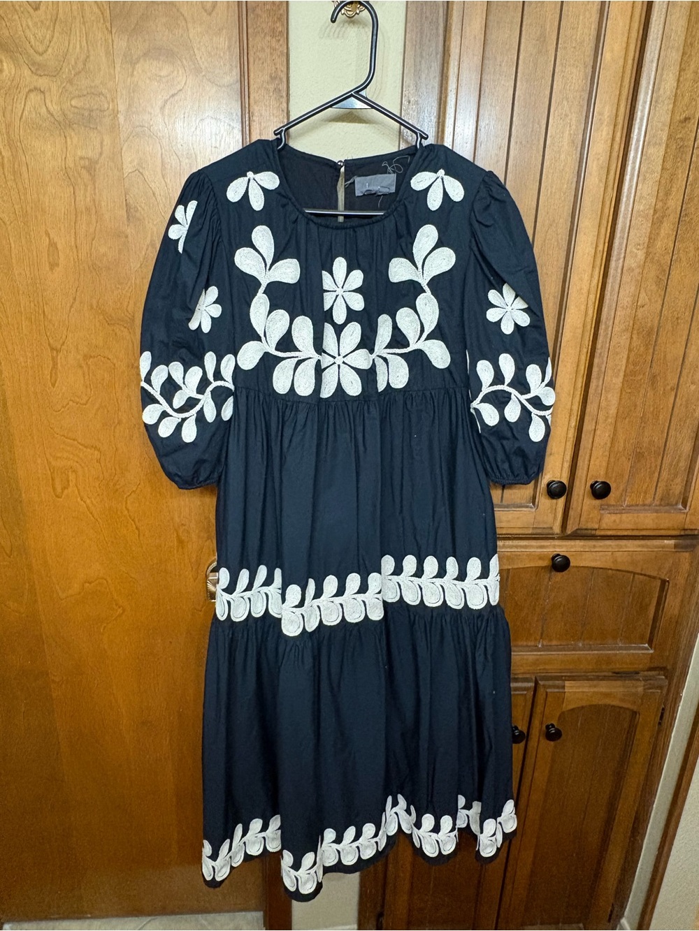 Anthropologie Black Midi Dress with White Floral Embroidery